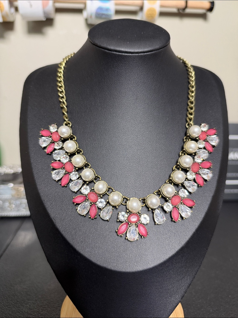 Gold-Tone Pink Faux Pearl Rhinestone Statement Necklace